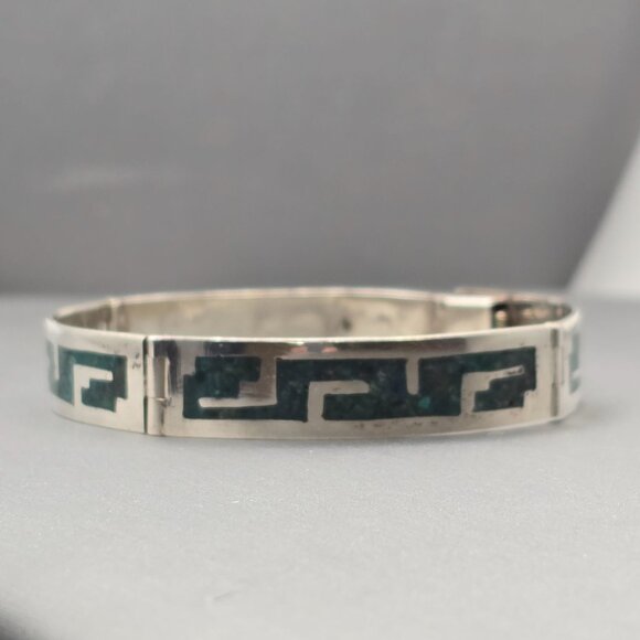 VTH Taxco Castaneda Sterling Silver Turquoise Bracelet 7" Aztec Geometric Inlay - Picture 2 of 10